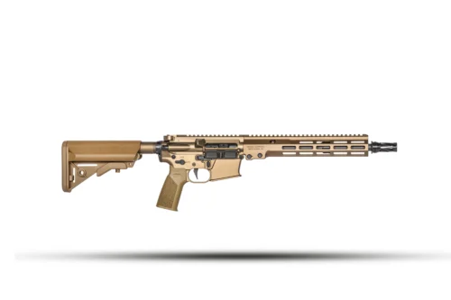 Tan AR-style rifle with a collapsible stock and long handguard on a white background (side profile).