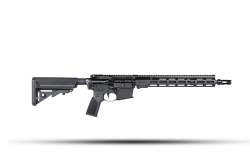 Black semi-automatic rifle shown in profile, with adjustable stock and long modular handguard, lying horizontally with a shadow beneath.