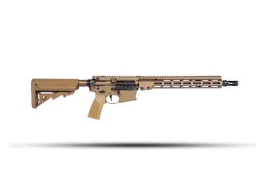 Tan AR-style rifle in profile with collapsible stock and long ventilated handguard on a white background.