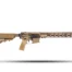 Tan AR-style rifle in profile with collapsible stock and long ventilated handguard on a white background.