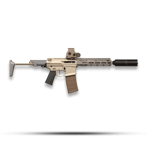 Tan modern assault rifle with a scope and muzzle device lying on a white background.