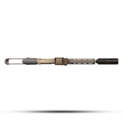 Long assault rifle lying horizontally along the bottom of a white background.