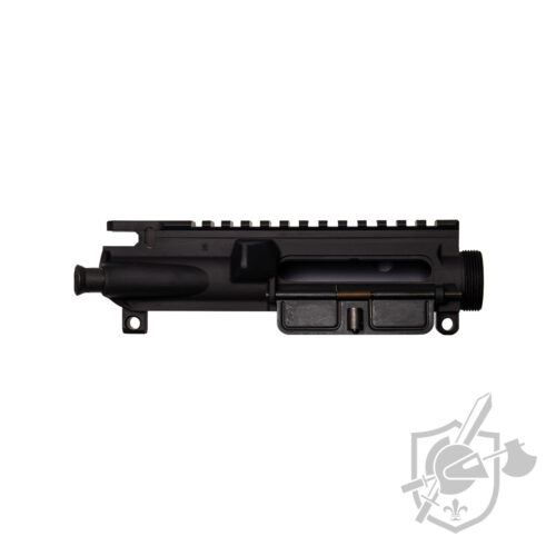 Black AR‑15 style upper receiver with a full-length Picatinny rail, ejection port area, and mounted components, isolated on white.