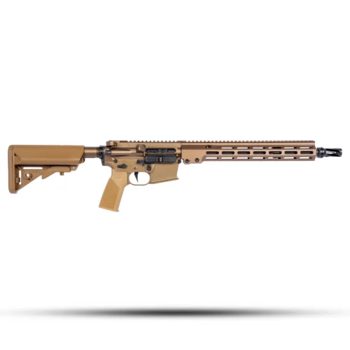 Tan AR-style rifle with foregrip and rail system on a white background, shown horizontally.
