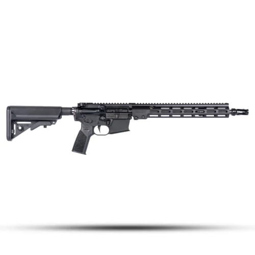 Black semi-automatic rifle lying horizontally along the bottom of a white background, with a collapsible stock and long rail system.