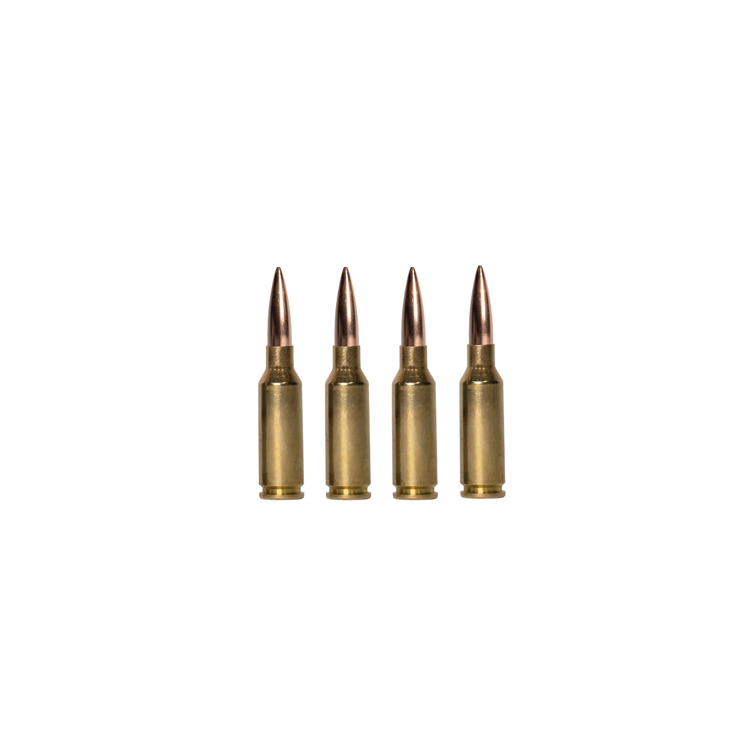 6arc brass 107 – Badlands Munitions Co Five rifle cartridges standing upright in a row on a white background, showing brass casings and copper tips