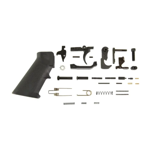 Disassembled handgun laid out on a white background: frame, slide, springs, pins, and small components arranged in a row next to the grip.