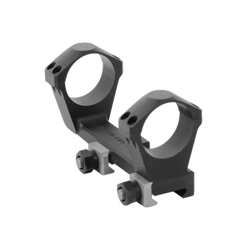 Double-ring scope mount for attaching a rifle optic to a rail, with two clamping rings and tightening nuts on the base.