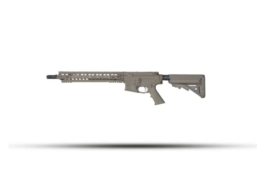 Tan modular AR-style rifle shown in profile with long handguard, rail system, and collapsible stock in a desert finish