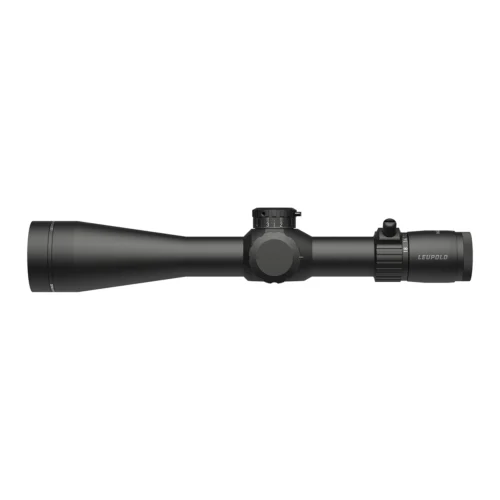 Black rifle scope with objective lens left, elevation knobs center, and Leupold branding on the right.
