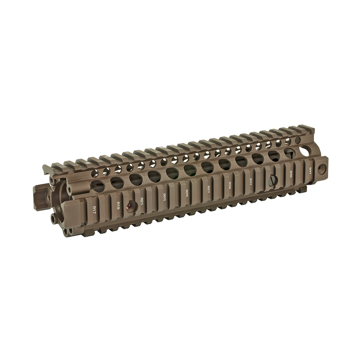 mk18 risii – Badlands Munitions Co Tan rifle handguard with a full-length top Picatinny rail and numerous circular ventilation holes along the sides, featuring numbered accessory slots for attachments.