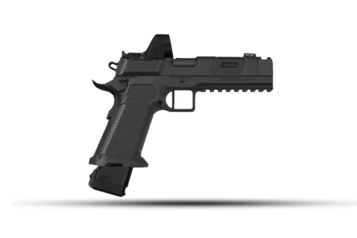 Black semi-automatic pistol with textured grip, optic sight, and tactical rails, shown in side profile against a white background.