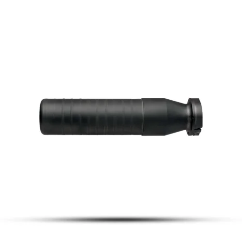 Black textured cylindrical grip/handle with a flanged end, floating above a shadow.