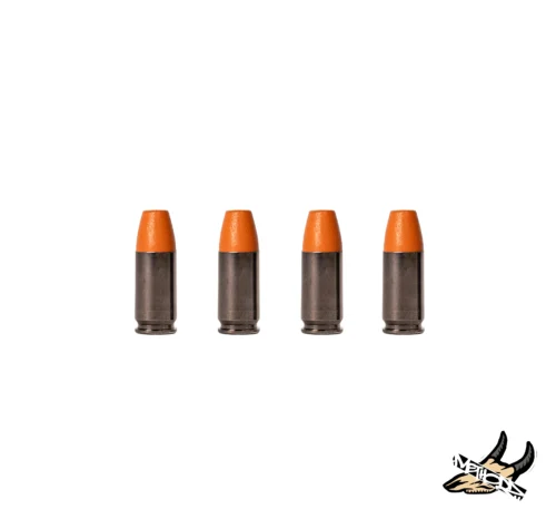Five orange-tipped black bullets standing upright in a row on a white background, with a partial decorative illustration in the bottom-right corner.