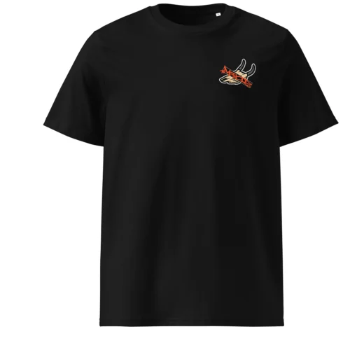 Black T-shirt with a small embroidered graphic on the left chest: a stylized beige/white animal skull with orange text overlay.