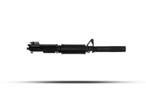 Black AR-style rifle laid horizontally on a white background with a long barrel and accessory rail system.