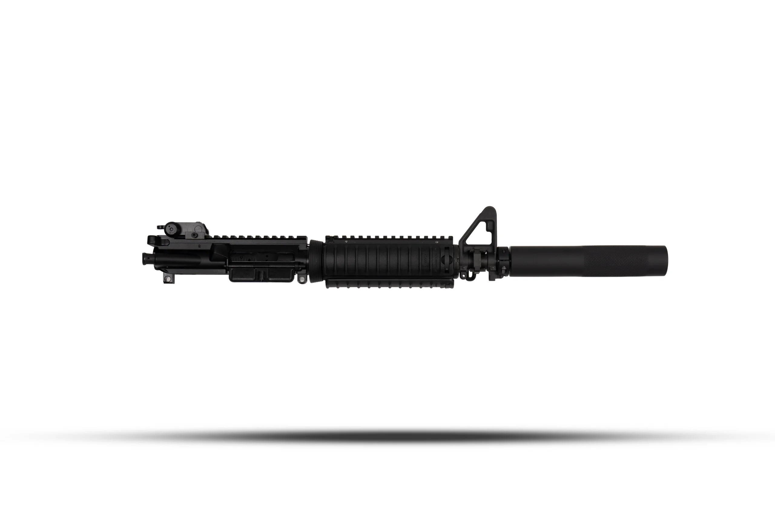 125 CQBR – Badlands Munitions Co Black AR-style rifle laid horizontally on a white background with a long barrel and accessory rail system.