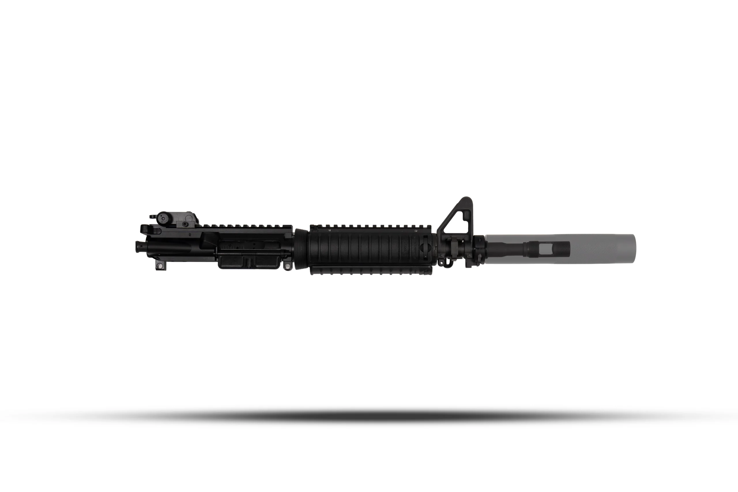125 qcbr trnslt – Badlands Munitions Co Black tactical rifle photographed in profile on a white background, showing a long handguard and mounted rail system