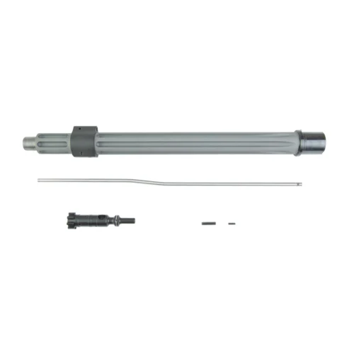 Disassembled tubular assembly: a long gray cylinder with a black collar, plus a thin curved rod, a small black connector, and two tiny pins laid out separately.