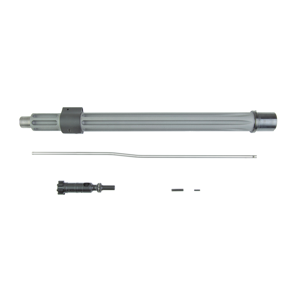 125Nov – Badlands Munitions Co Disassembled tubular assembly: a long gray cylinder with a black collar, plus a thin curved rod, a small black connector, and two tiny pins laid out separately.
