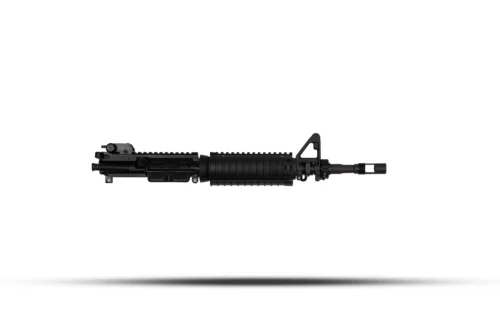 AR-15–style black rifle shown horizontally with rail handguard, front sight, and muzzle device on a white background.