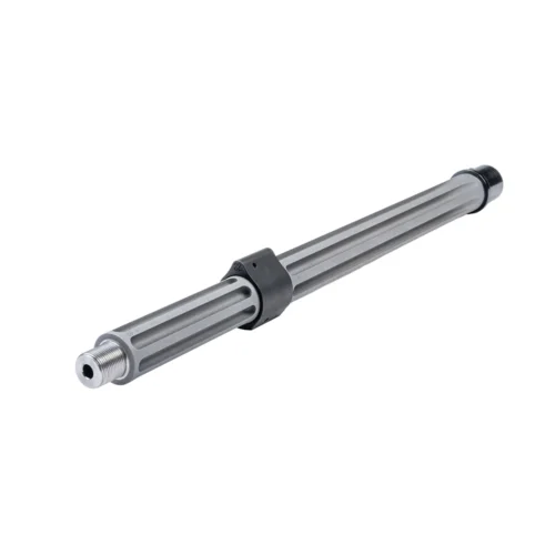 Gray metal linear pneumatic actuator rod with a threaded end and a black collar, isolated on white