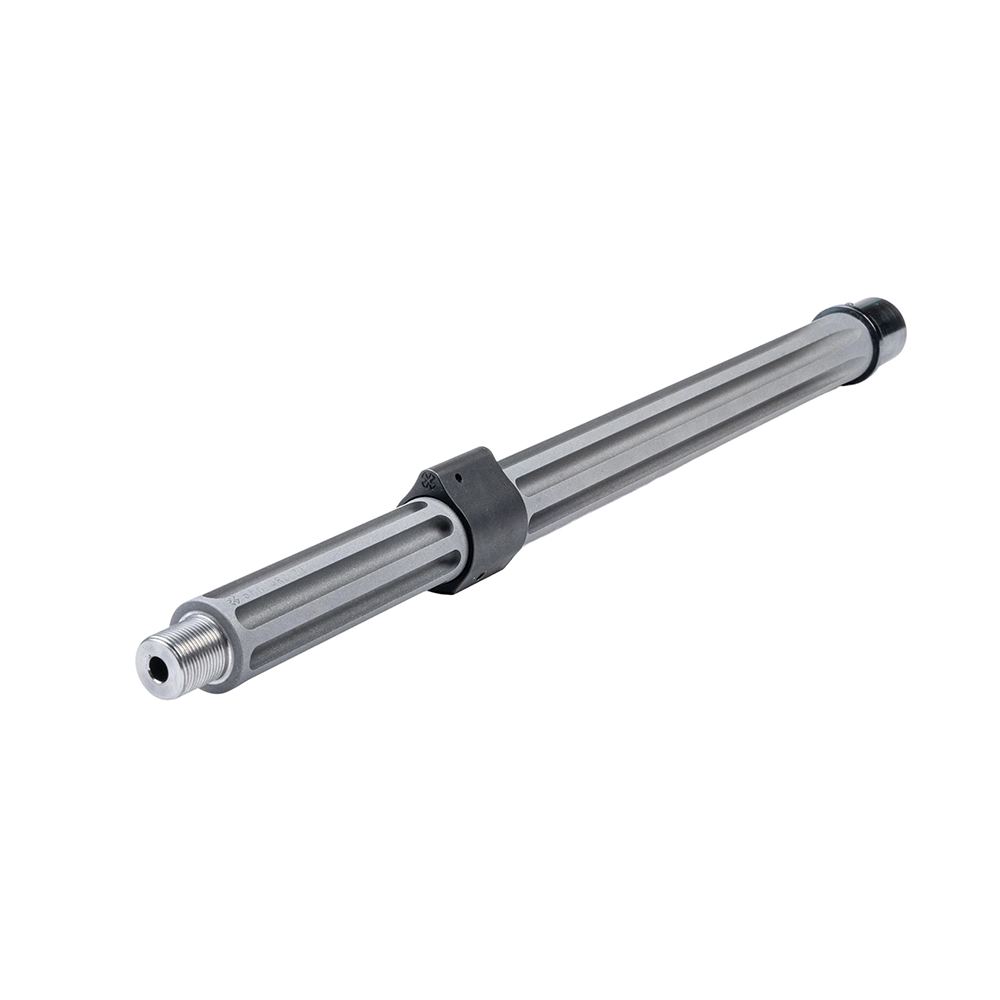 145nov – Badlands Munitions Co Gray metal linear pneumatic actuator rod with a threaded end and a black collar, isolated on white