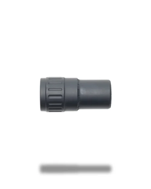 Close-up of a black knurled cylindrical component, likely a flashlight or optical part, on a white background.