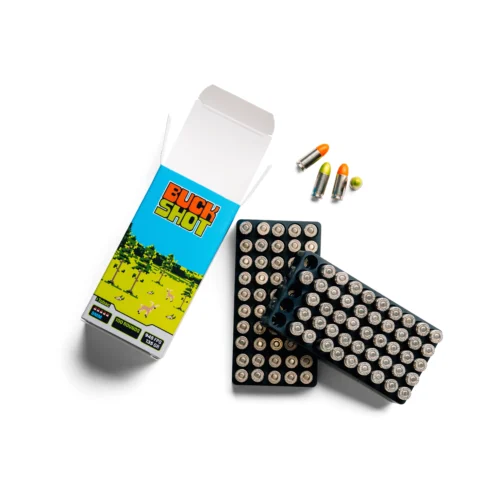 Open Buck Shot ammo box beside rows of metallic cartridges on a white background.