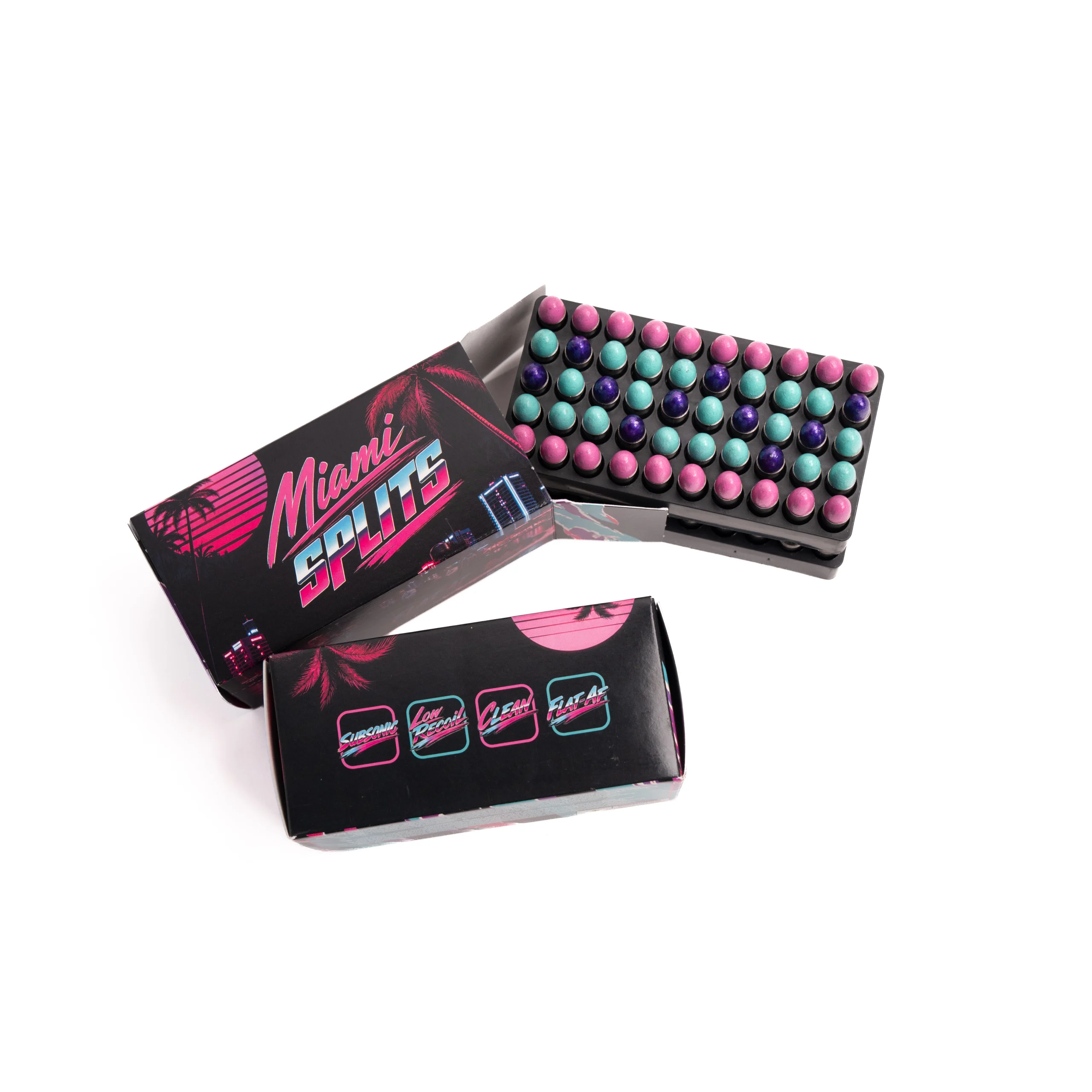 M6 – Badlands Munitions Co Open black box with pink, teal, and purple spherical beads arranged in a grid, next to a retro-style package with Palm design and neon text.