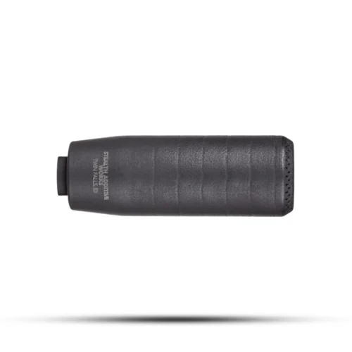 Black cylindrical foam microphone windscreen with a small mounting adapter on the left, textured grip and perforated end.
