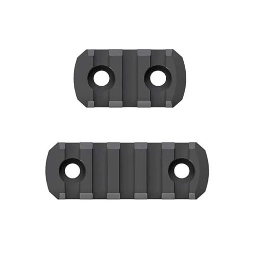 Two dark gray ribbed rectangular blocks with circular holes at each end, likely mounting or rail segments for a mechanical system.