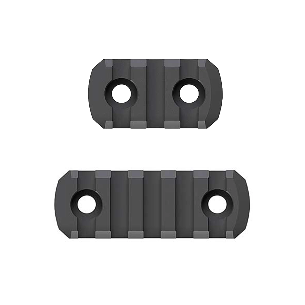 magpul rail – Badlands Munitions Co Two dark gray ribbed rectangular blocks with circular holes at each end, likely mounting or rail segments for a mechanical system.