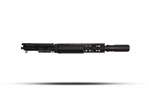 Side view of a black AR-style rifle upper receiver with Picatinny rails and a textured foregrip rail system at the end of the handguard