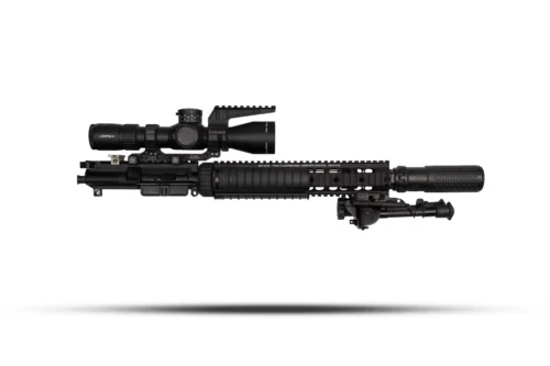 Black tactical rifle with a long rail system, scope, and foregrip shown in profile.