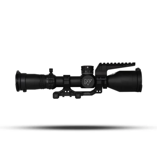 Black tactical rifle scope with elevation turret and mounting hardware, hovering above a soft shadow.